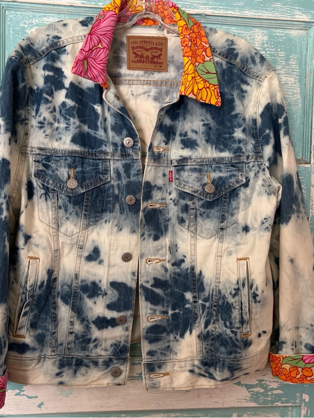 Levi's upcycled Tie-Dye Denim Jacket with Colorful Flower power detail aloha